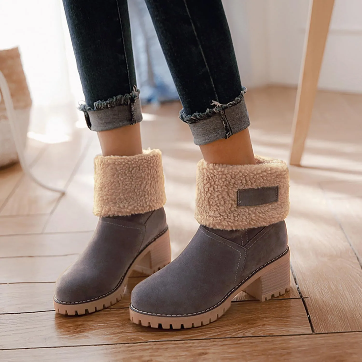 Women Cute Warm Short Boots Women's Winter Snow Fleece Suede Chunky Mid Heel Round Toe Ankle Booties