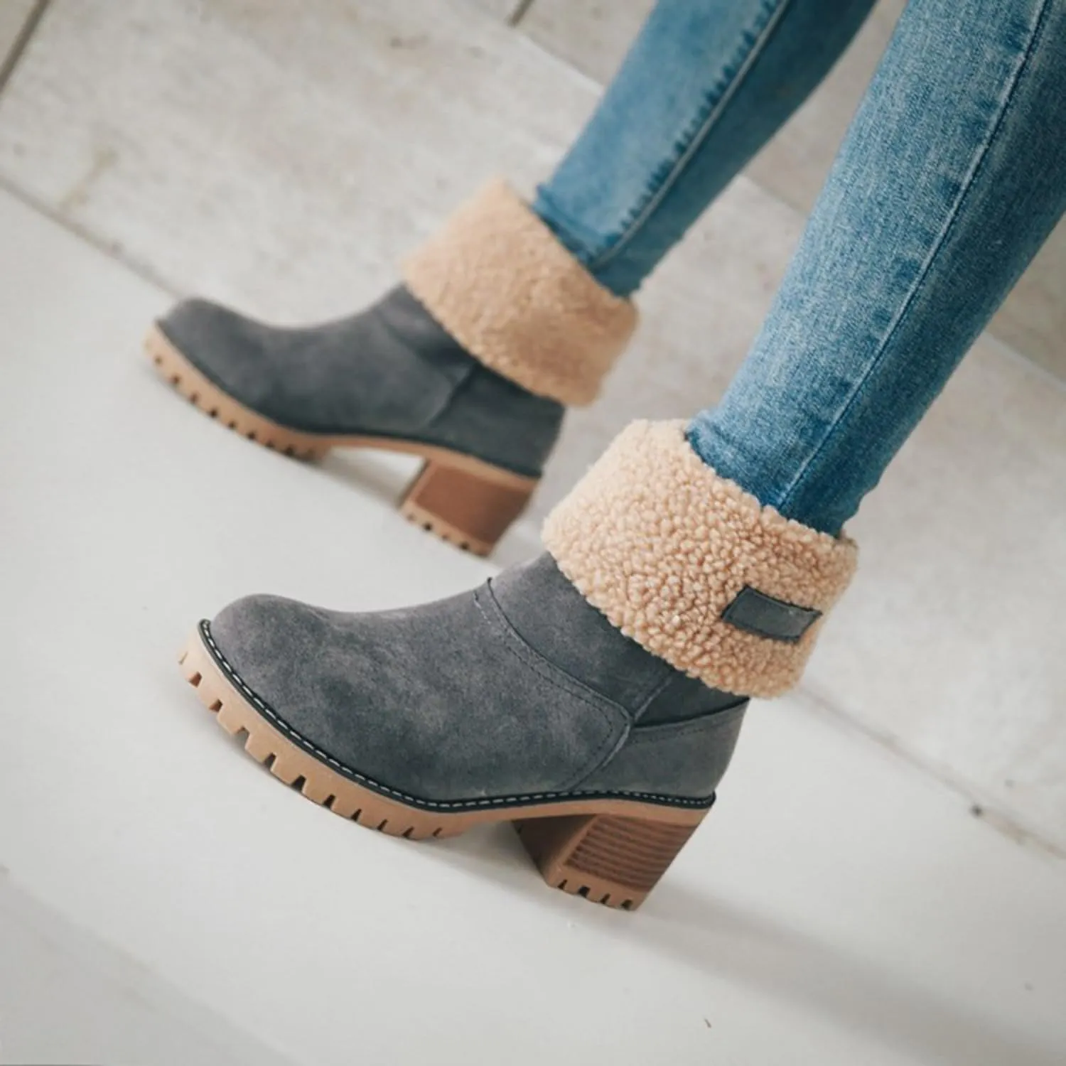 Women Cute Warm Short Boots Women's Winter Snow Fleece Suede Chunky Mid Heel Round Toe Ankle Booties