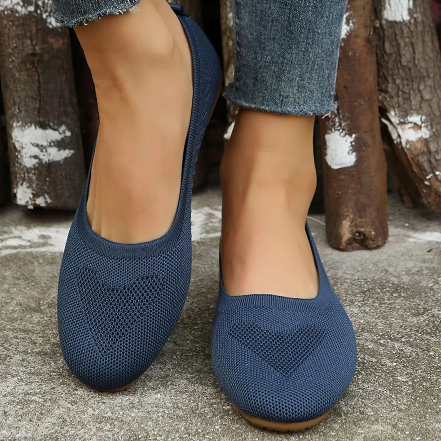 Women Flats Round-Toe Dress Shoes Comfortable Knit Shoes Slip On Loafers Casual Office Shoes Comfy Work Shoes
