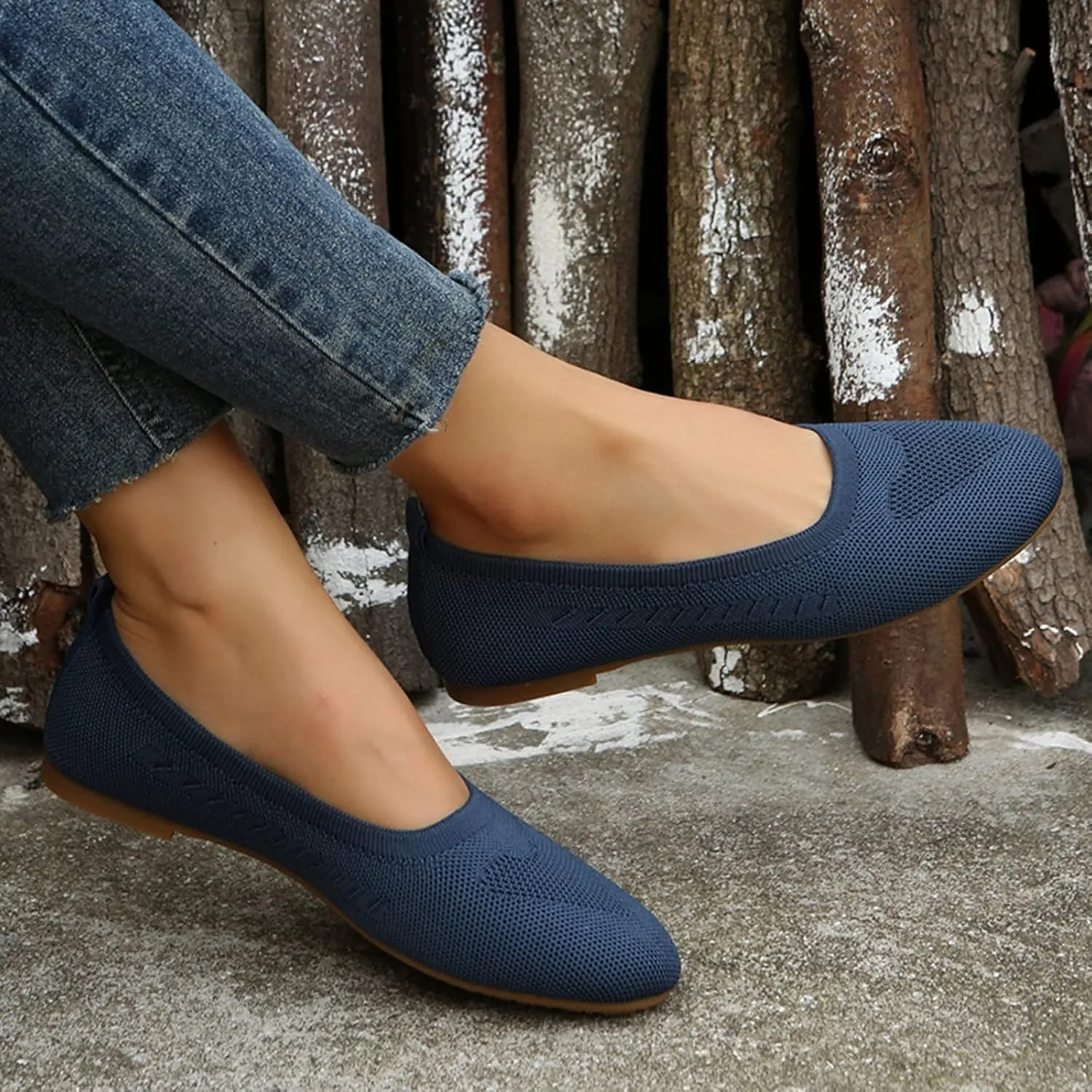 Women Flats Round-Toe Dress Shoes Comfortable Knit Shoes Slip On Loafers Casual Office Shoes Comfy Work Shoes