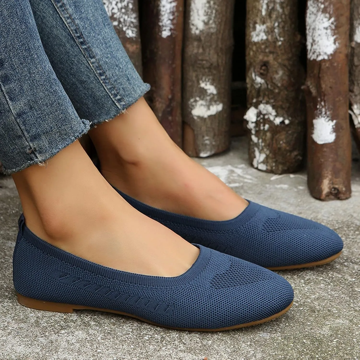 Women Flats Round-Toe Dress Shoes Comfortable Knit Shoes Slip On Loafers Casual Office Shoes Comfy Work Shoes