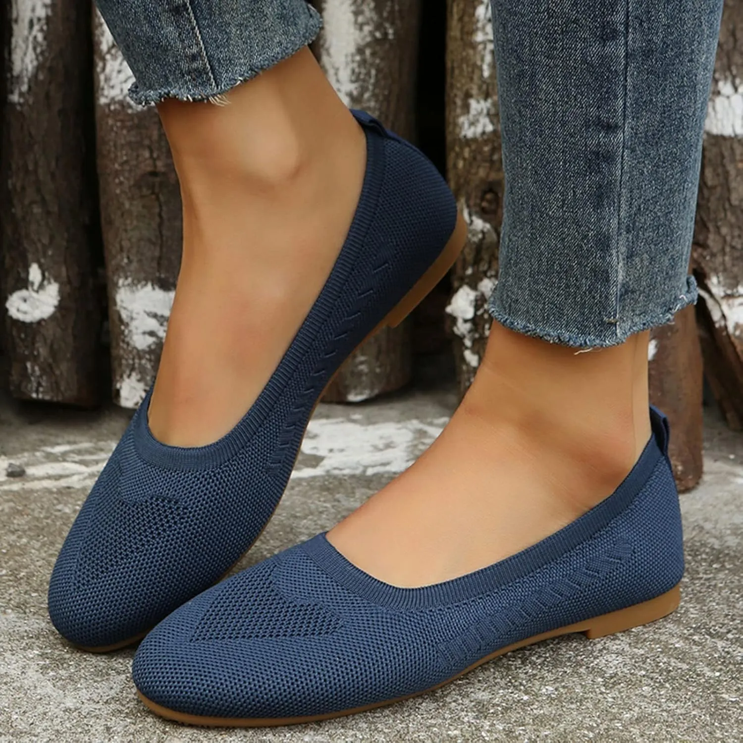 Women Flats Round-Toe Dress Shoes Comfortable Knit Shoes Slip On Loafers Casual Office Shoes Comfy Work Shoes