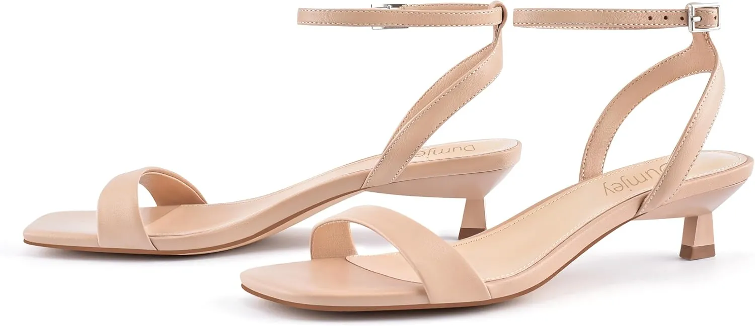 Women Kitten Heel Sandals Ankle Strap Heeled Sandals Square Open Toe Dress Party Shoes