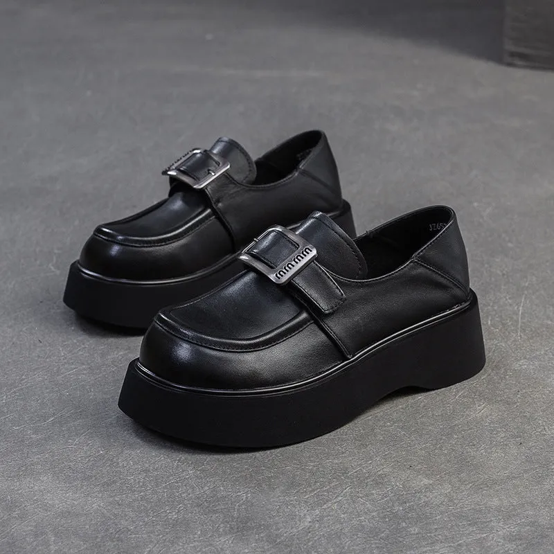 Women Minimalism Solid Leather Platform Casual Loafers