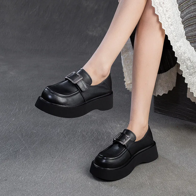 Women Minimalism Solid Leather Platform Casual Loafers