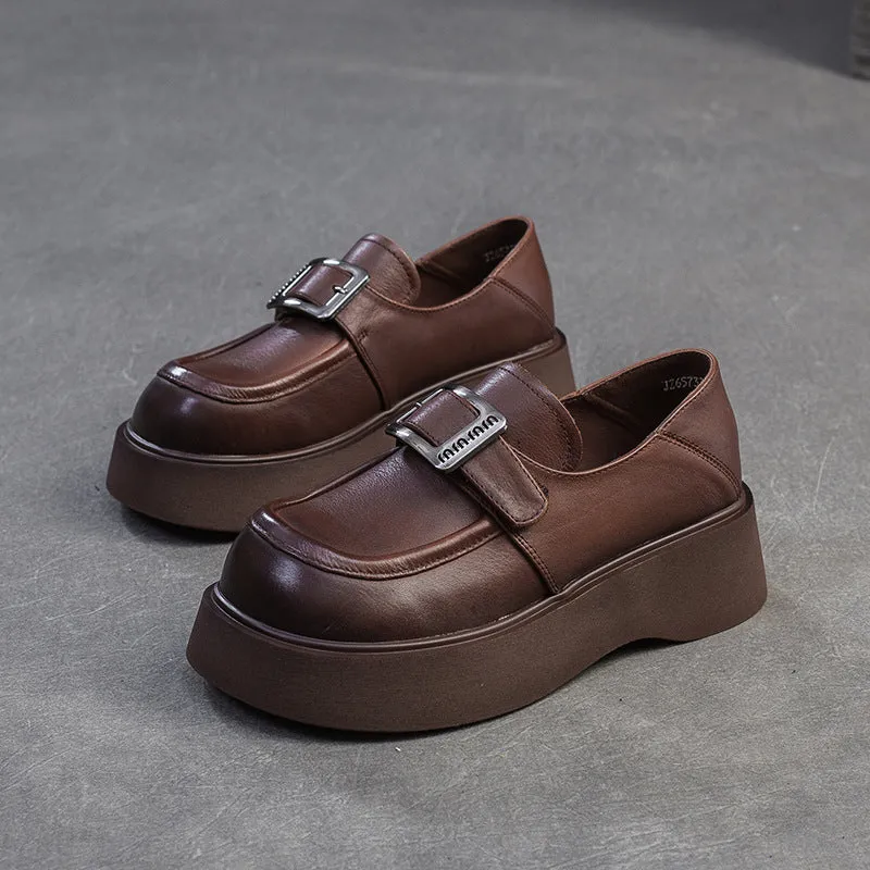 Women Minimalism Solid Leather Platform Casual Loafers