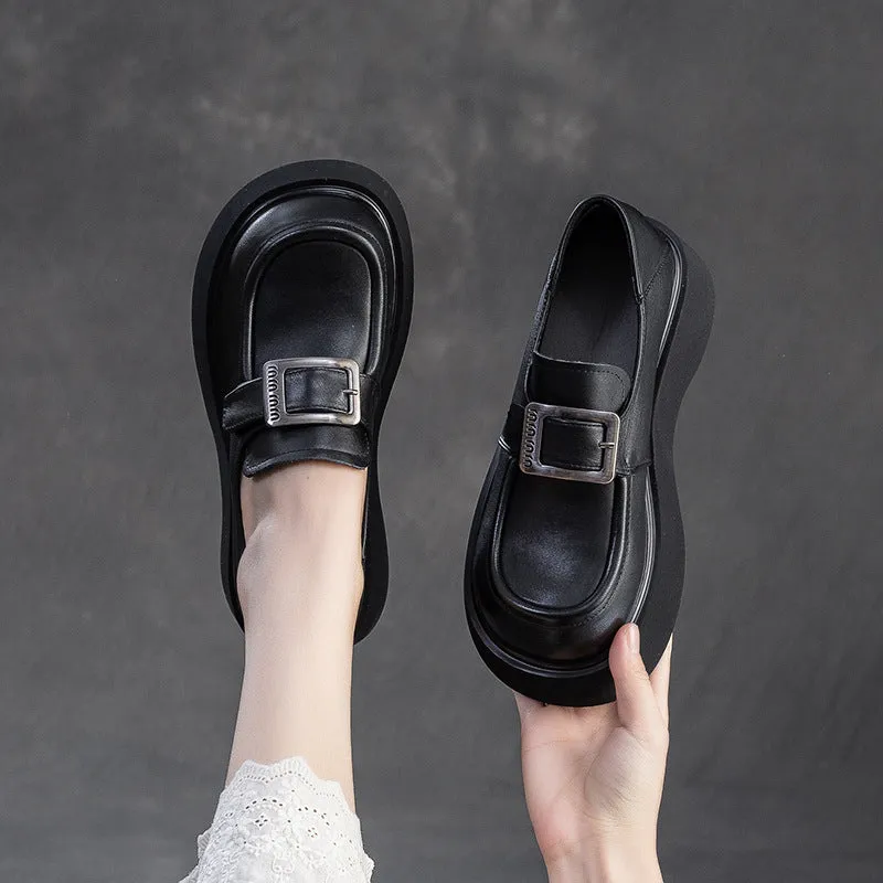 Women Minimalism Solid Leather Platform Casual Loafers