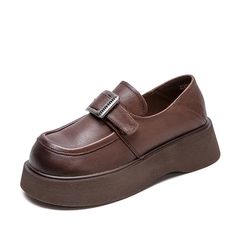 Women Minimalism Solid Leather Platform Casual Loafers