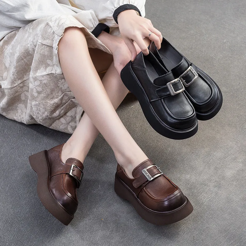 Women Minimalism Solid Leather Platform Casual Loafers