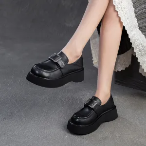 Women Minimalism Solid Leather Platform Casual Loafers