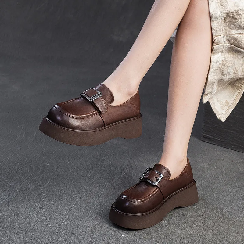 Women Minimalism Solid Leather Platform Casual Loafers