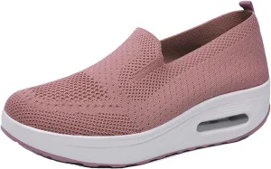 Women Orthopedic Air Cushion Walking Shoes Slip-On Platform Mesh Stretch Wedge Sneakers for Arch Support Light Toning Rocker Shoe