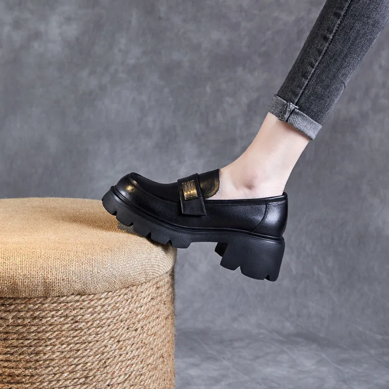 Women Plain Leather Casual Platform Loafers