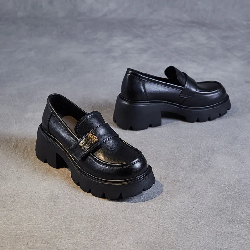 Women Plain Leather Casual Platform Loafers