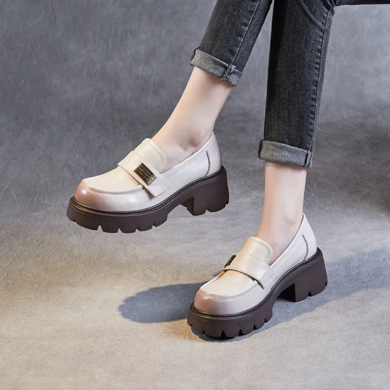 Women Plain Leather Casual Platform Loafers