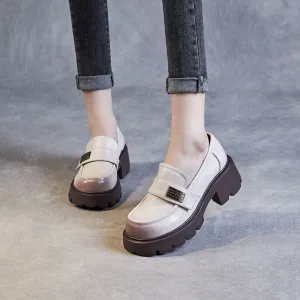 Women Plain Leather Casual Platform Loafers