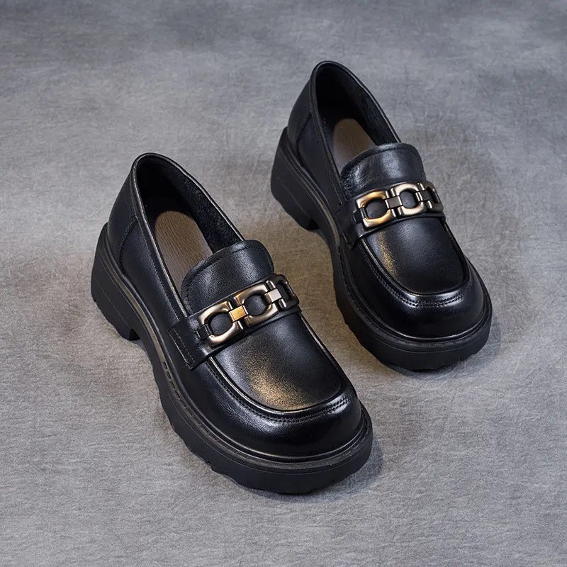 Women Retro Leather Chain Thick Soled Casual Loafers