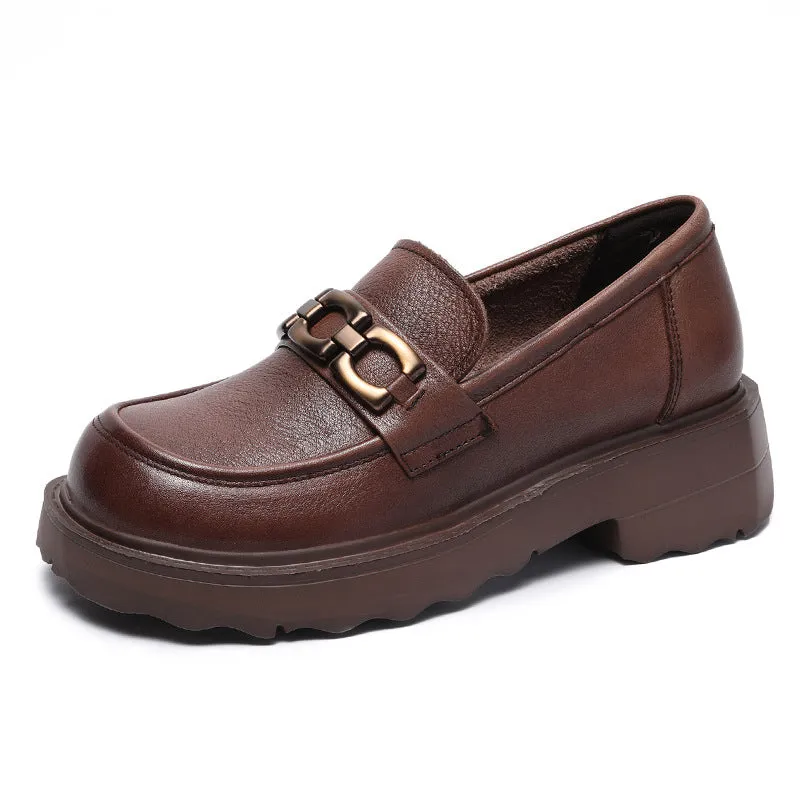 Women Retro Leather Chain Thick Soled Casual Loafers