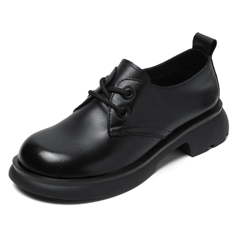 Women Retro Solid Leather Casual Lace-up Loafers