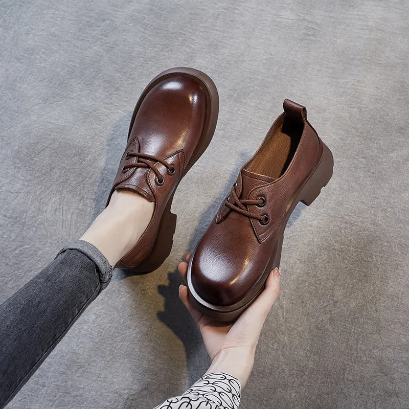 Women Retro Solid Leather Casual Lace-up Loafers