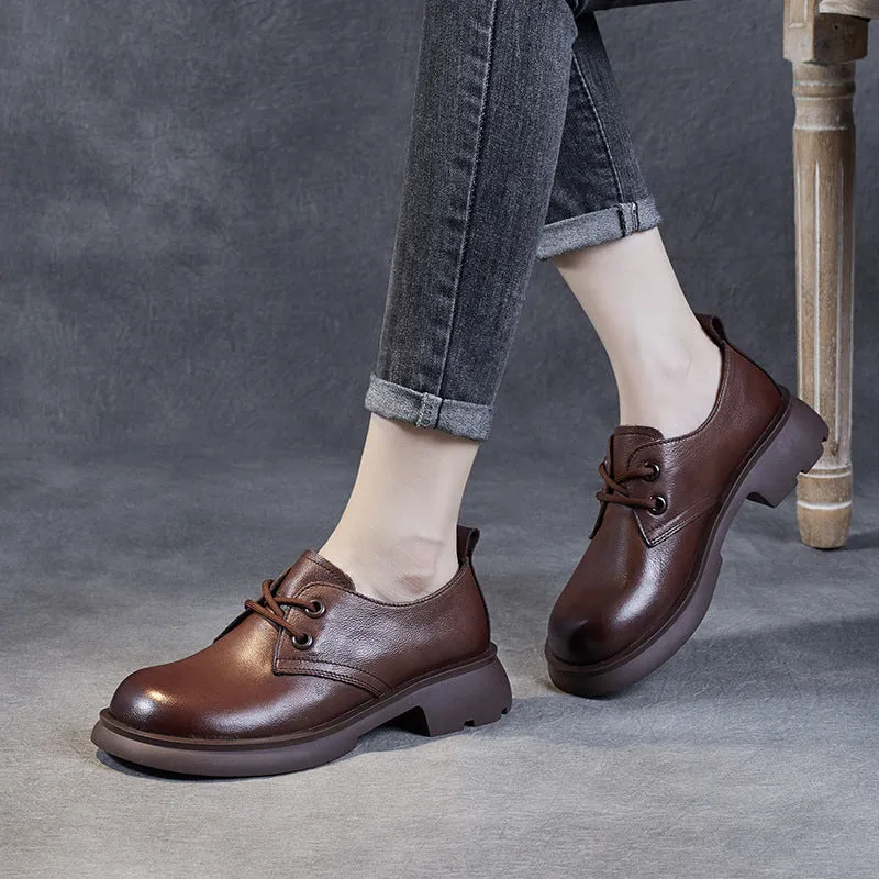 Women Retro Solid Leather Casual Lace-up Loafers