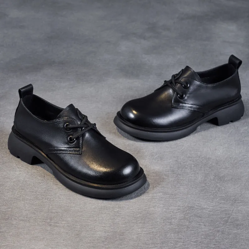 Women Retro Solid Leather Casual Lace-up Loafers