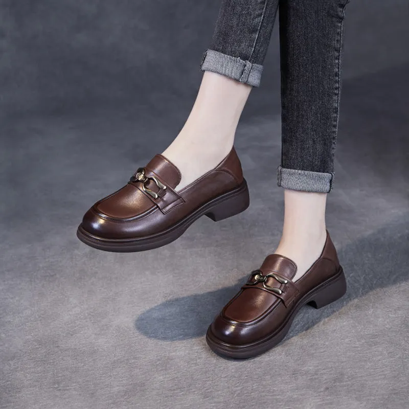 Women Retro Solid Soft Leather Casual Loafers