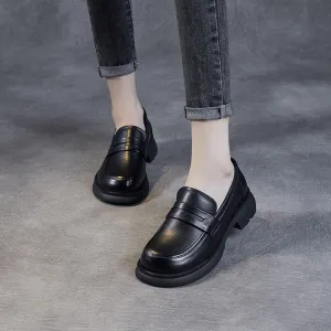 Women Retro Solid Soft Leather Casual Loafers