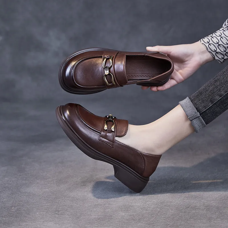 Women Retro Solid Soft Leather Casual Loafers