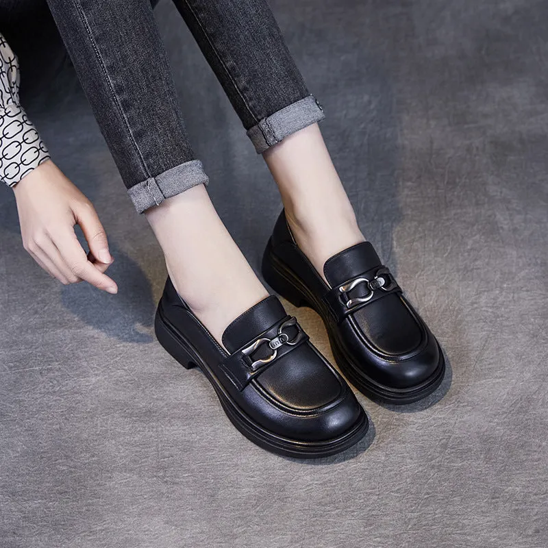 Women Retro Solid Soft Leather Casual Loafers