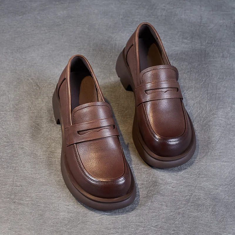 Women Retro Solid Soft Leather Casual Loafers