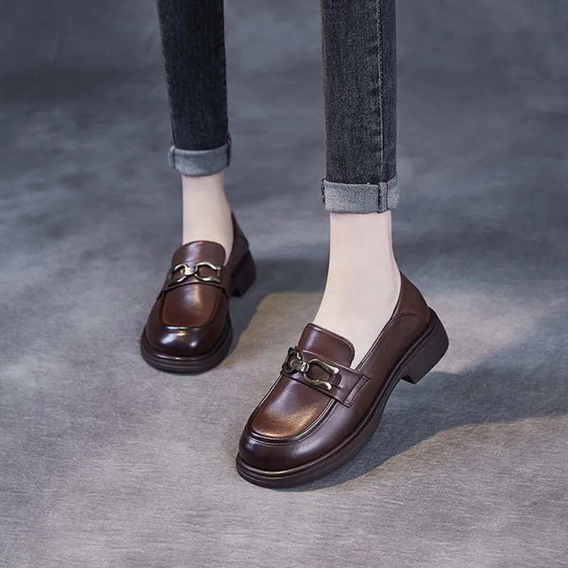 Women Retro Solid Soft Leather Casual Loafers