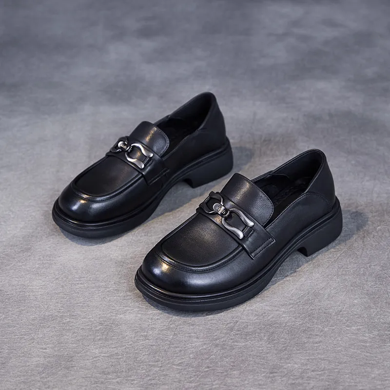 Women Retro Solid Soft Leather Casual Loafers