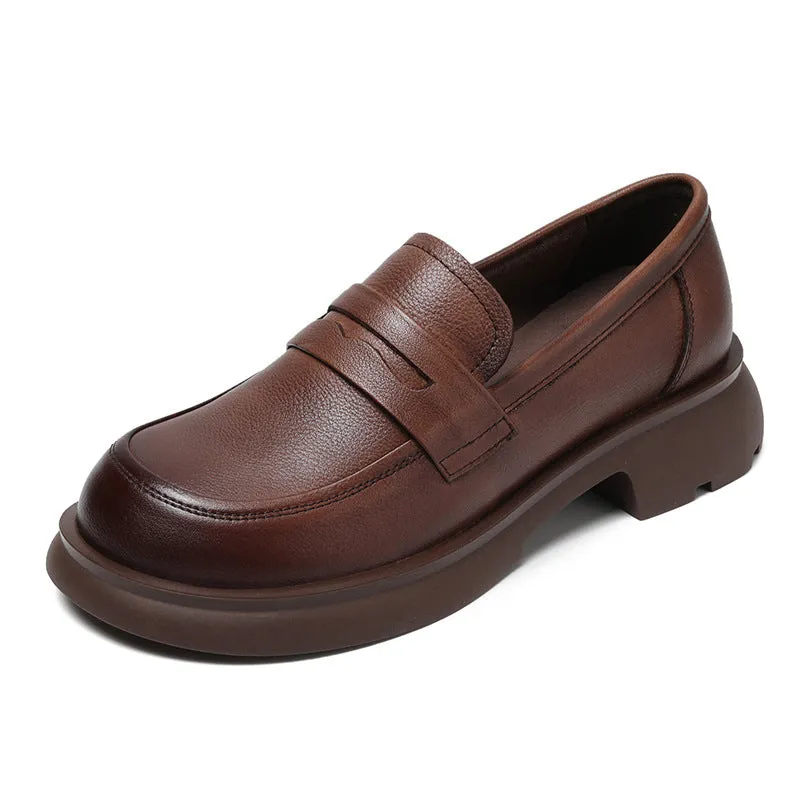 Women Retro Solid Soft Leather Casual Loafers