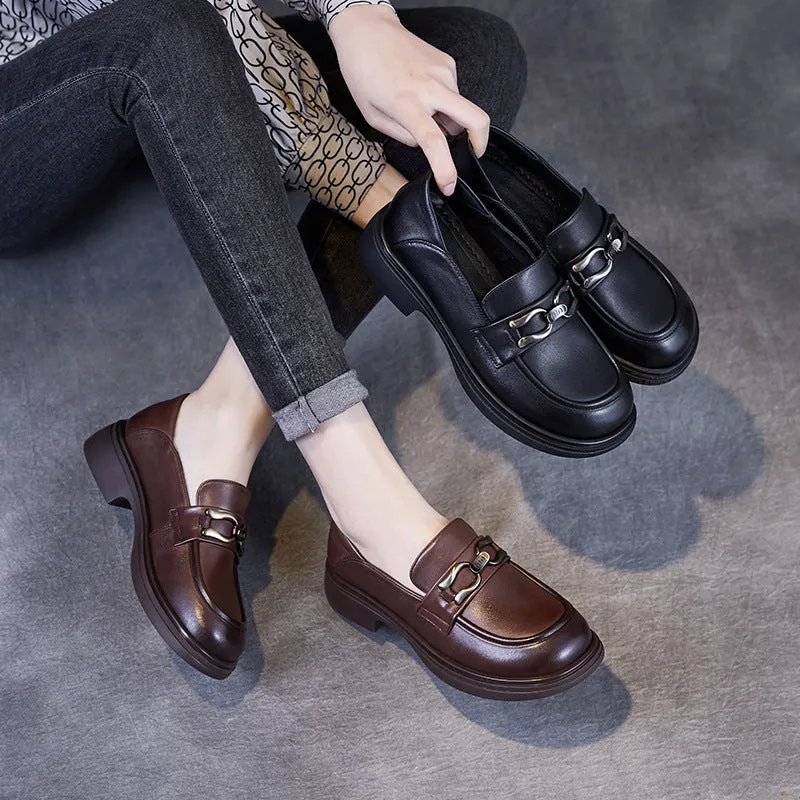 Women Retro Solid Soft Leather Casual Loafers