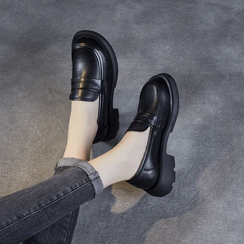 Women Retro Solid Soft Leather Casual Loafers