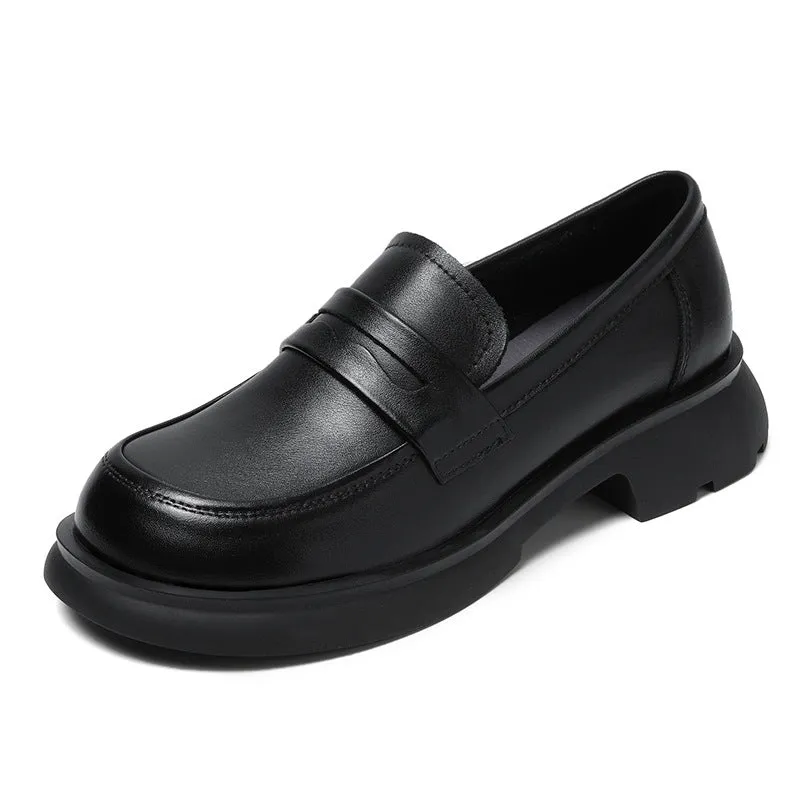 Women Retro Solid Soft Leather Casual Loafers