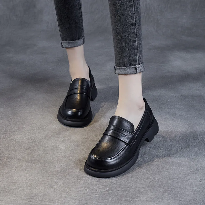 Women Retro Solid Soft Leather Casual Loafers