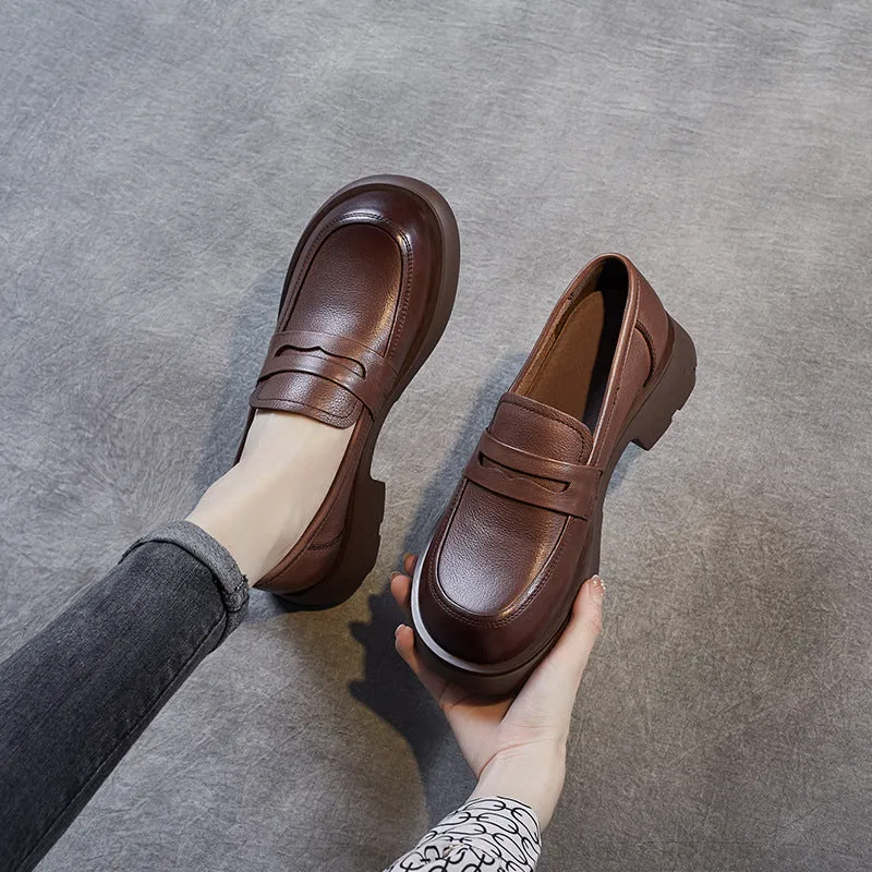 Women Retro Solid Soft Leather Casual Loafers