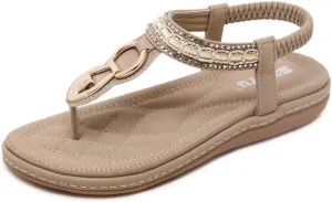 Women Rhinestone Sandals Flip Flop Sandals T-Strap Buckle Bohemian Pearl Crystal Flat Sandals