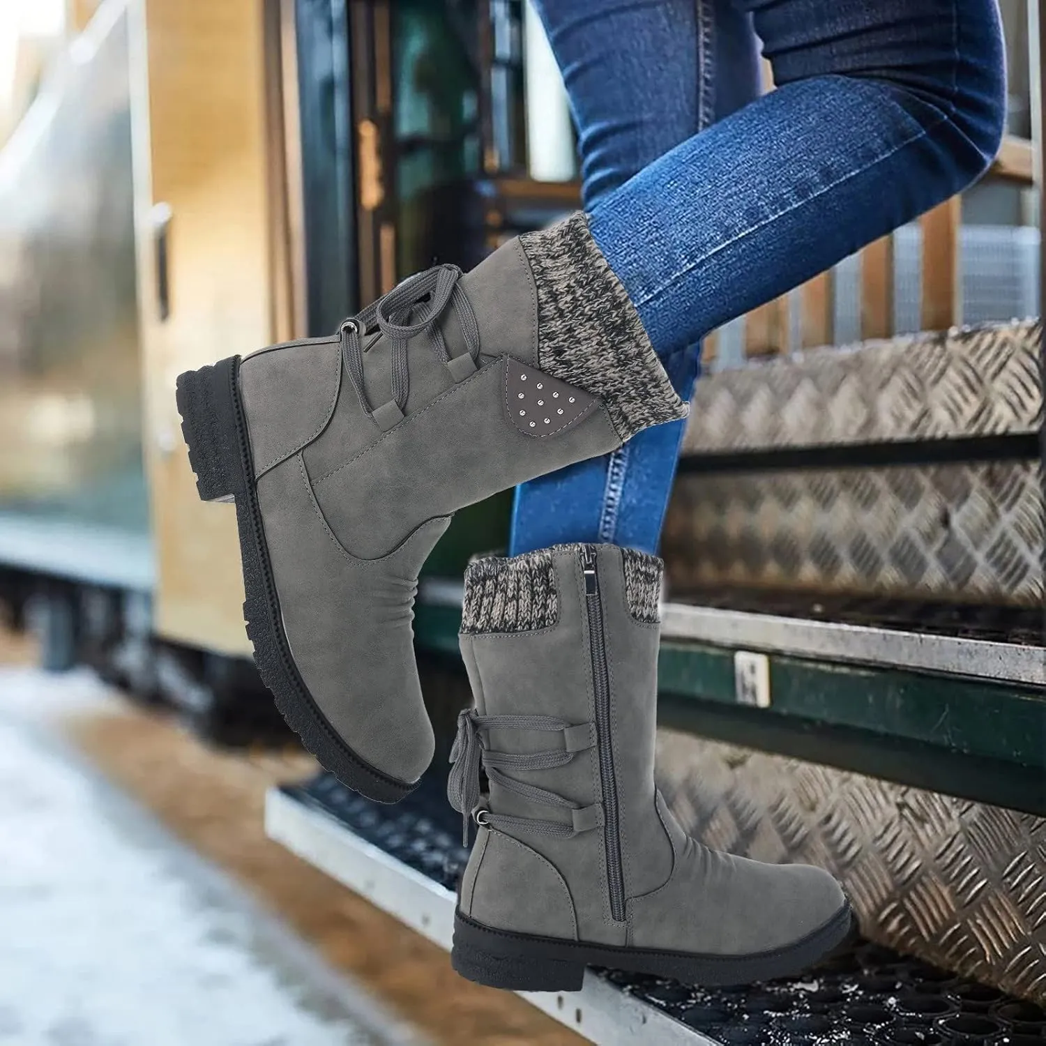 Women Snow Boots Knit Calf Waterproof Winter Boots Non Slip Fully Fur Booties Winter Warm Outdoor Ankle Boots Comfortable Winter Shoes Trekking Shoes