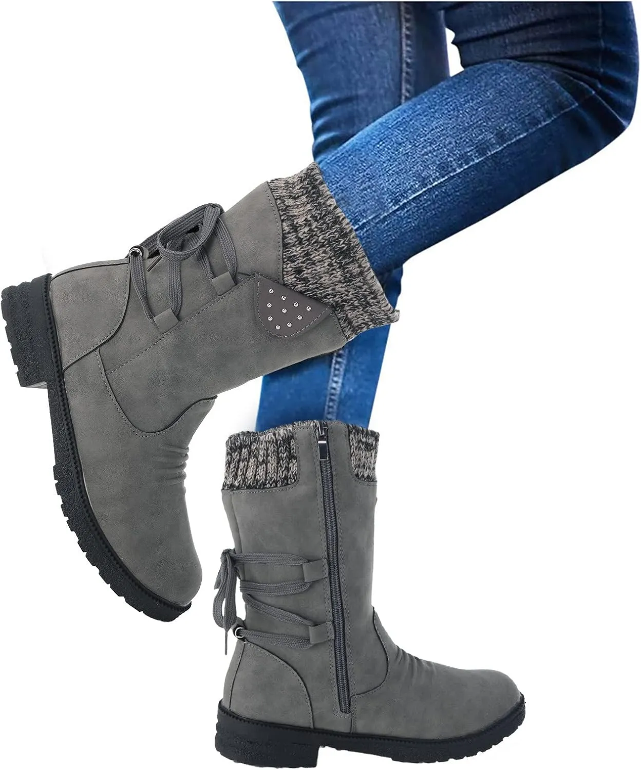 Women Snow Boots Knit Calf Waterproof Winter Boots Non Slip Fully Fur Booties Winter Warm Outdoor Ankle Boots Comfortable Winter Shoes Trekking Shoes