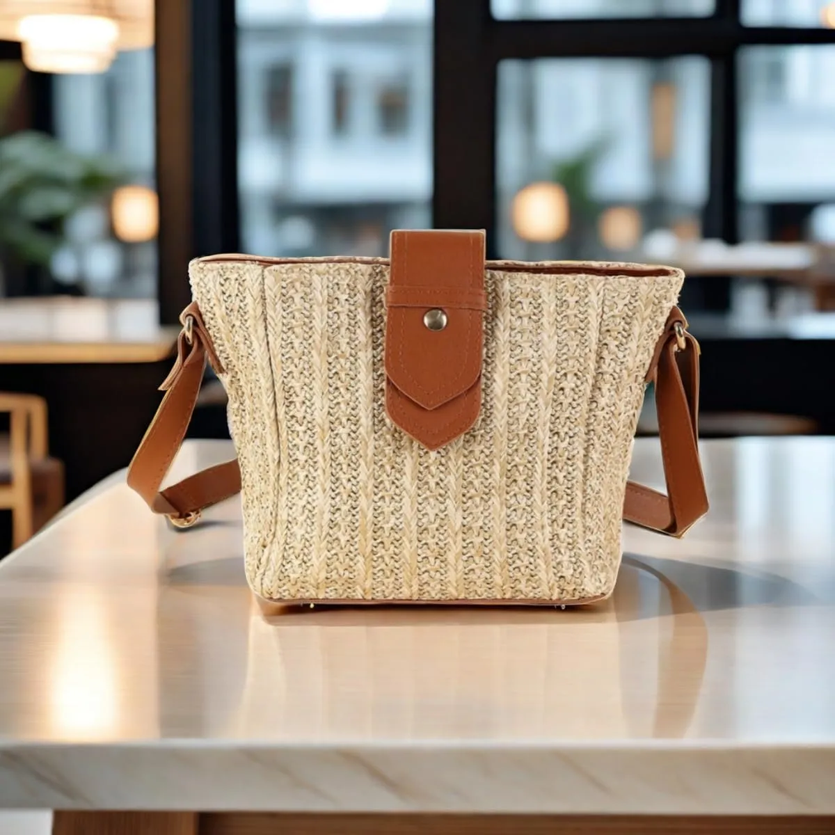 Women Straw Drawstring Bucket Purse Small Tote Shoulder Handbag Hollow Out Cross-body Bag for Summer,Beach