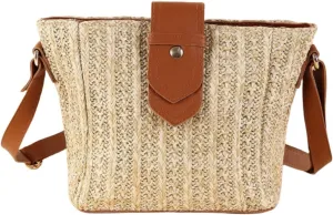 Women Straw Drawstring Bucket Purse Small Tote Shoulder Handbag Hollow Out Cross-body Bag for Summer,Beach