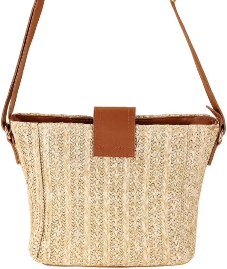 Women Straw Drawstring Bucket Purse Small Tote Shoulder Handbag Hollow Out Cross-body Bag for Summer,Beach