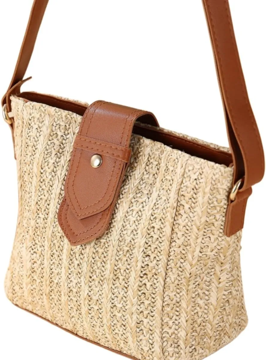 Women Straw Drawstring Bucket Purse Small Tote Shoulder Handbag Hollow Out Cross-body Bag for Summer,Beach