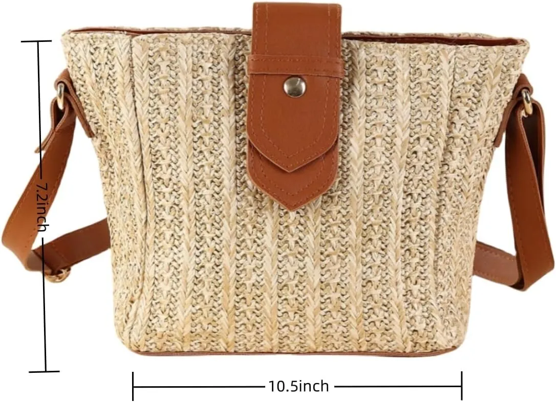 Women Straw Drawstring Bucket Purse Small Tote Shoulder Handbag Hollow Out Cross-body Bag for Summer,Beach