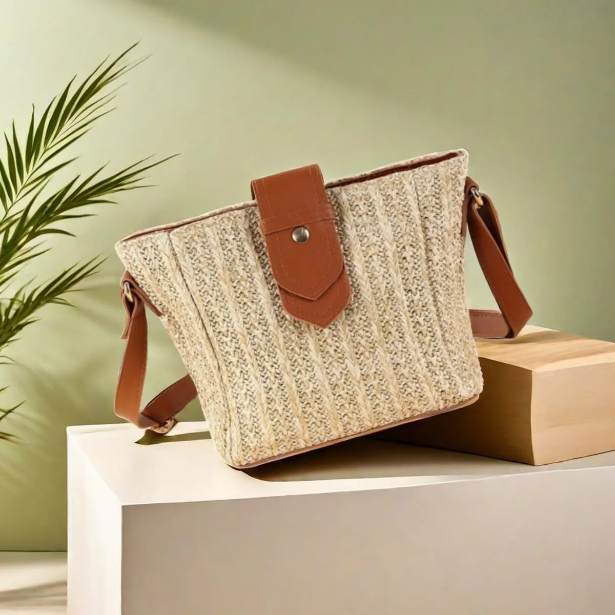 Women Straw Drawstring Bucket Purse Small Tote Shoulder Handbag Hollow Out Cross-body Bag for Summer,Beach
