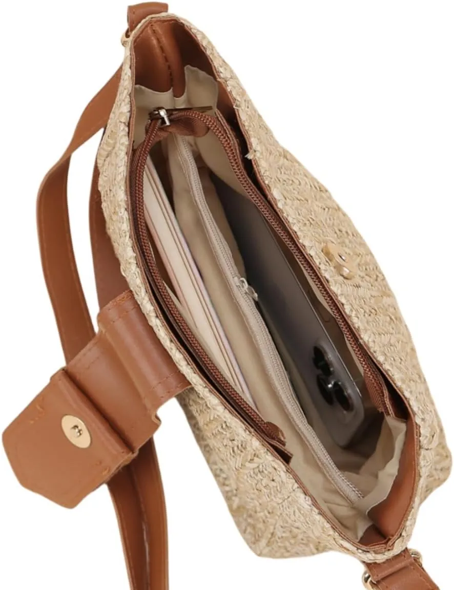 Women Straw Drawstring Bucket Purse Small Tote Shoulder Handbag Hollow Out Cross-body Bag for Summer,Beach