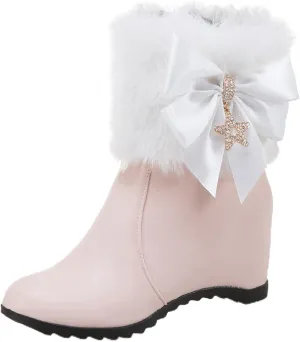 Women Winter Warm Hidden Wedge Snow Booties Leather Cute Bowknot Rhinestones Fluffy Fur Lined Thickening Side Zipper Ankle Boots